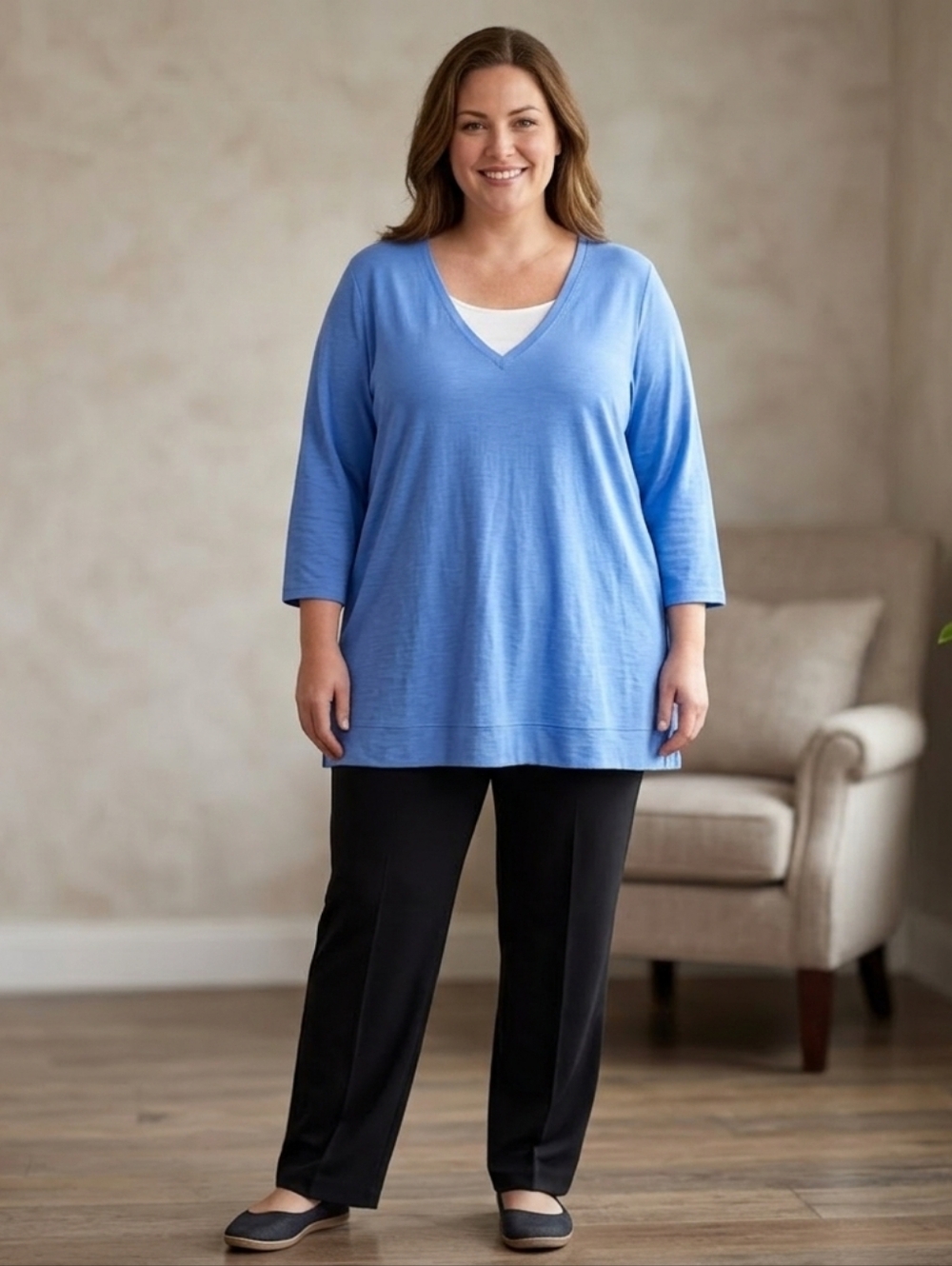 J.Jill Wearever Collection Women's 2x Tunic Top Blue Stretch White Accent